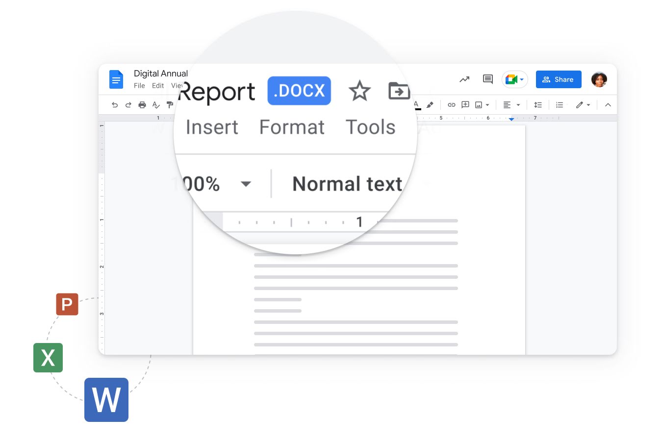 A file opened in Google Docs with the docx extension highlighted